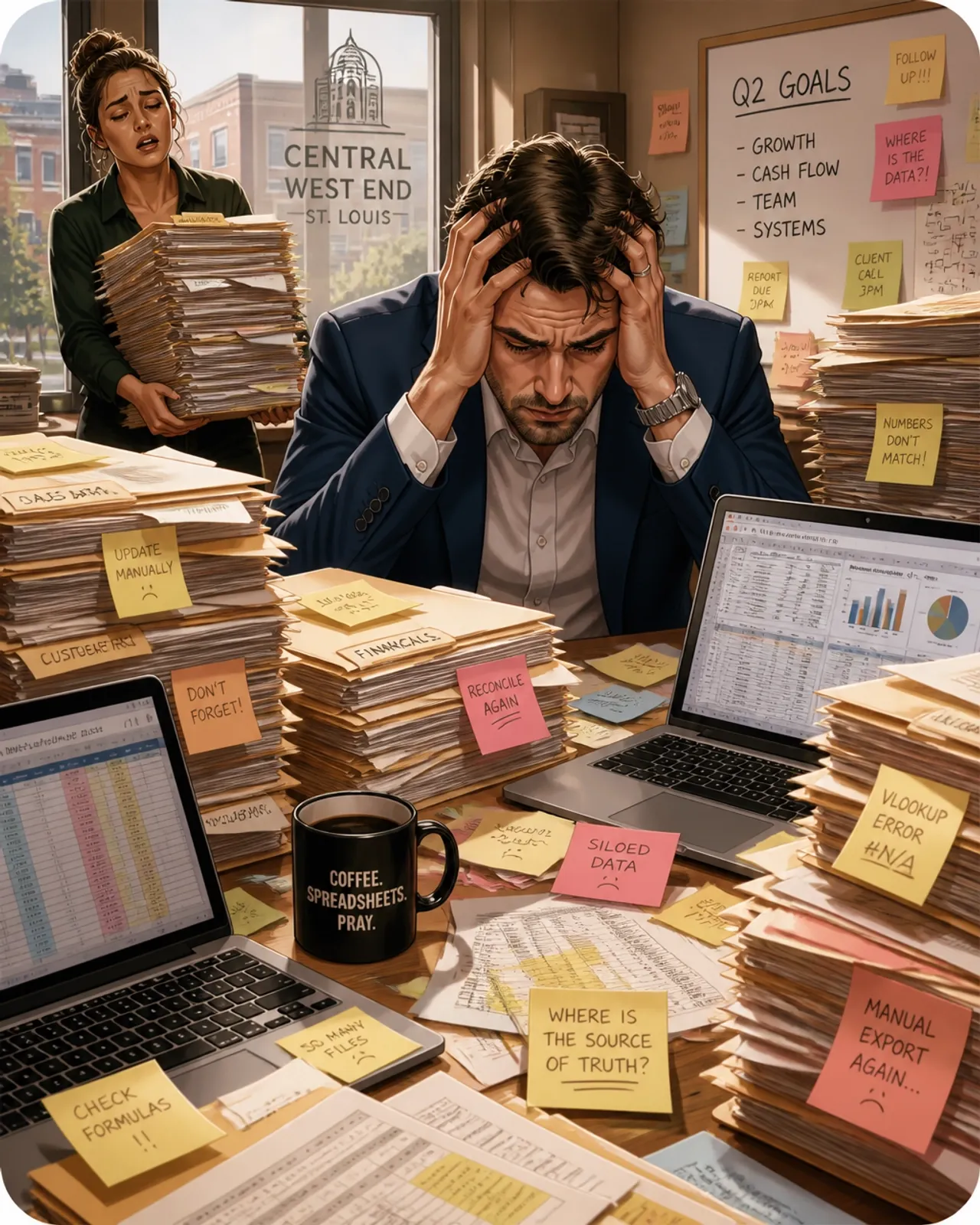 Illustration of an overwhelmed business owner surrounded by stacks of paper files, laptops of spreadsheets and sticky notes reading siloed data and manual export again