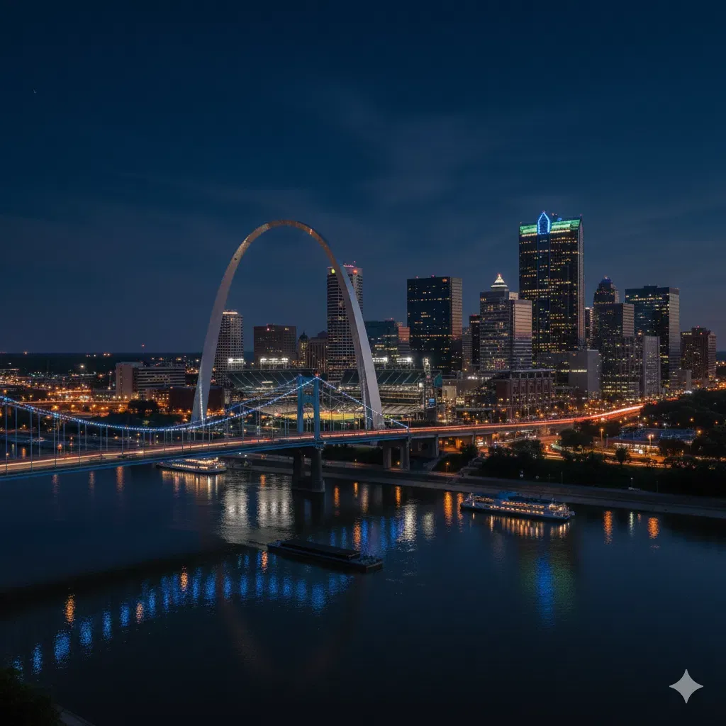 The St. Louis skyline and Gateway Arch at night, reflected in the Mississippi River with a lit bridge in the foreground