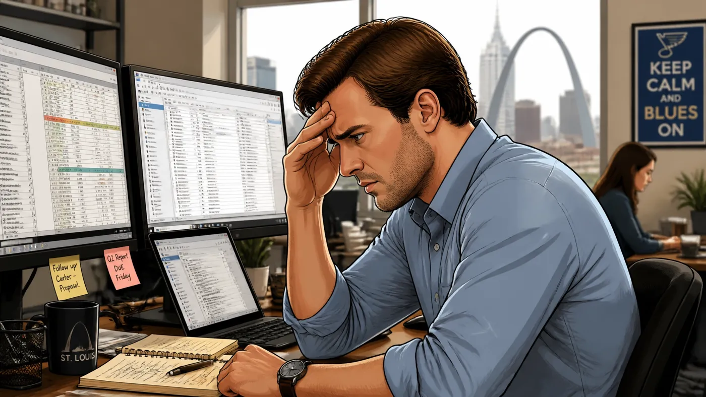 Illustration of a stressed office worker rubbing his forehead in front of two monitors full of spreadsheets, with the Gateway Arch visible through the window