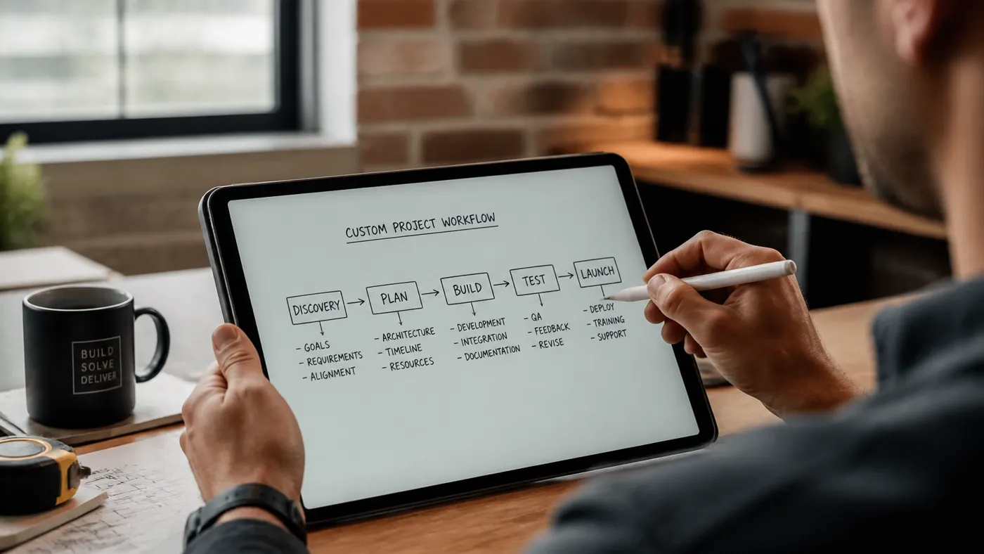 Person sketching a project workflow on a tablet with stages for discovery, plan, build, test and launch