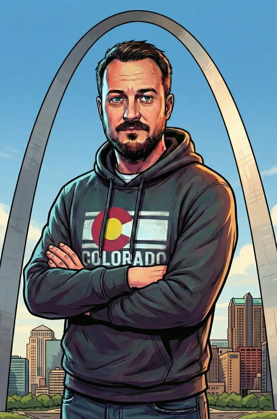 Illustration of Alex Lamy in front of the Gateway Arch in St. Louis